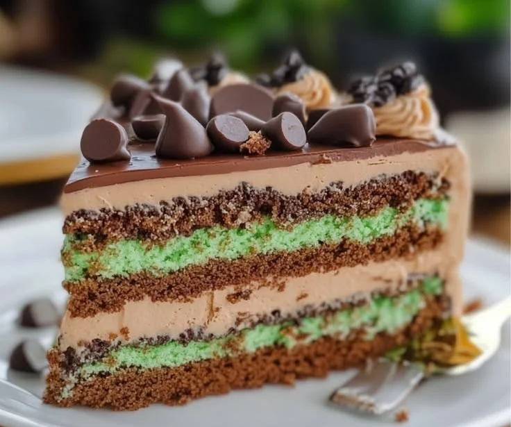 Deliciously layered mint chocolate chip cake with chocolate frosting
