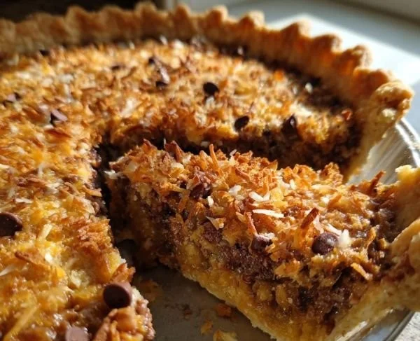 Slice of Texas Trash Pie on a plate, showcasing its rich, layered textures.