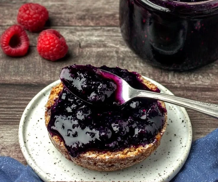 Jar of homemade blueberry jam with fresh blueberries