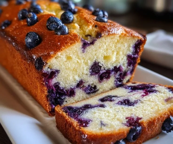 Delicious blueberry loaf cake topped with fresh blueberries and icing