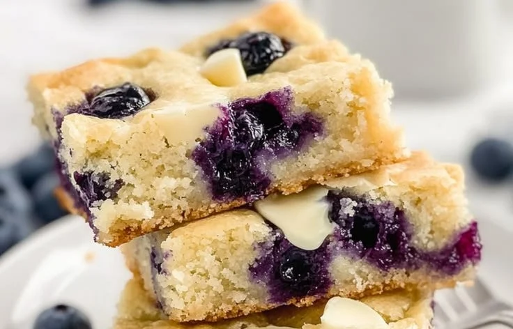 Delicious blueberry white chocolate blondies fresh out of the oven