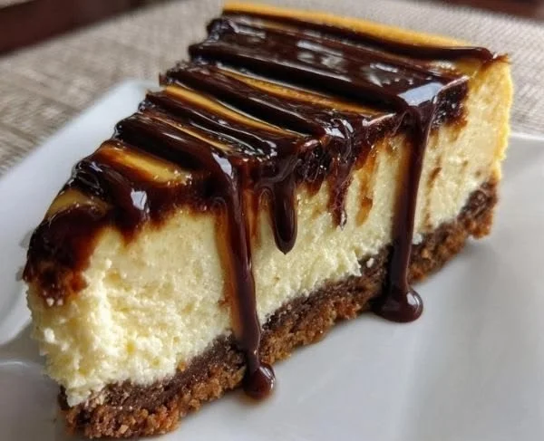 Delicious Boston Cream Cheesecake topped with chocolate glaze and cream