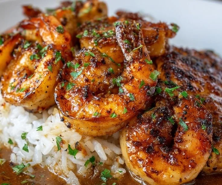 Delicious Bourbon Street Chicken and Shrimp served with a flavorful sauce.