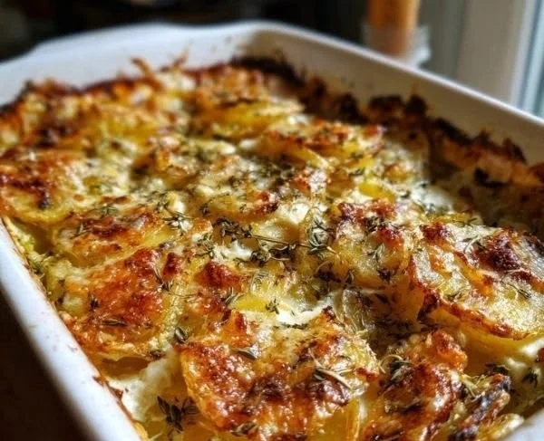 Boursin-style scalloped potatoes baked to perfection with creamy cheese and herbs.