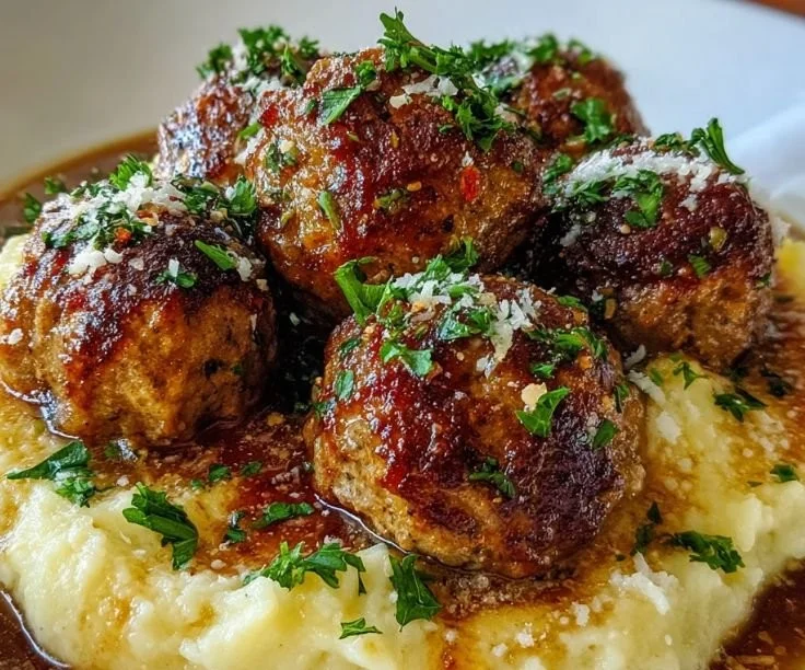 Delicious brown gravy beef meatballs served with creamy buttered mash.