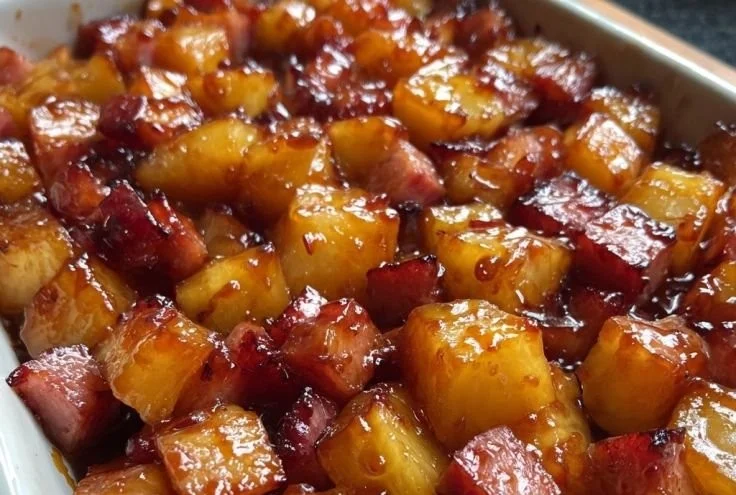 Brown Sugar Pineapple Ham Bake garnished with herbs and served on a platter.