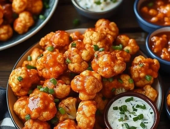Deliciously crispy buffalo cauliflower bites served with dipping sauce