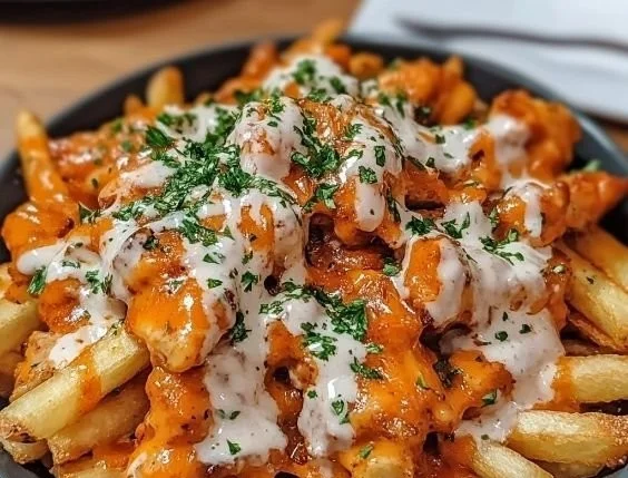 Delicious Buffalo Chicken Fries topped with melted cheese and spicy sauce