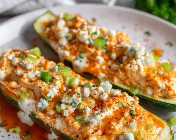 Delicious Buffalo Chicken Zucchini Boats topped with cheese and herbs.
