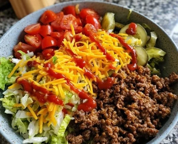 Delicious Burger Bowl with fresh ingredients and savory toppings