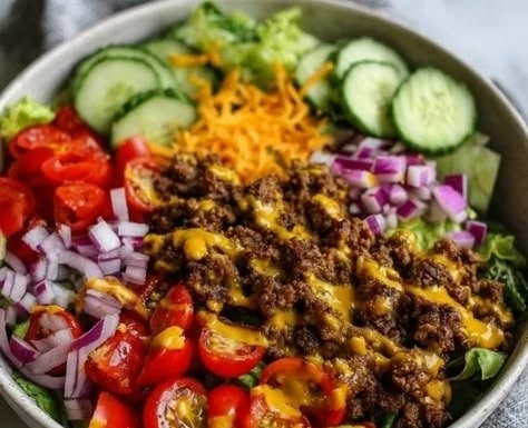 Delicious burger bowls with beef, vegetables, and toppings