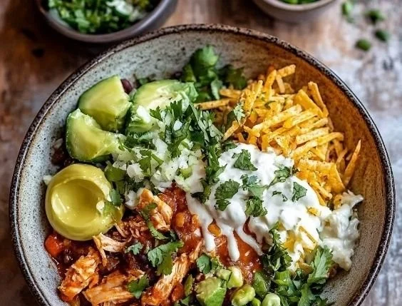 Burrito bowls with white chicken chili served in a colorful bowl