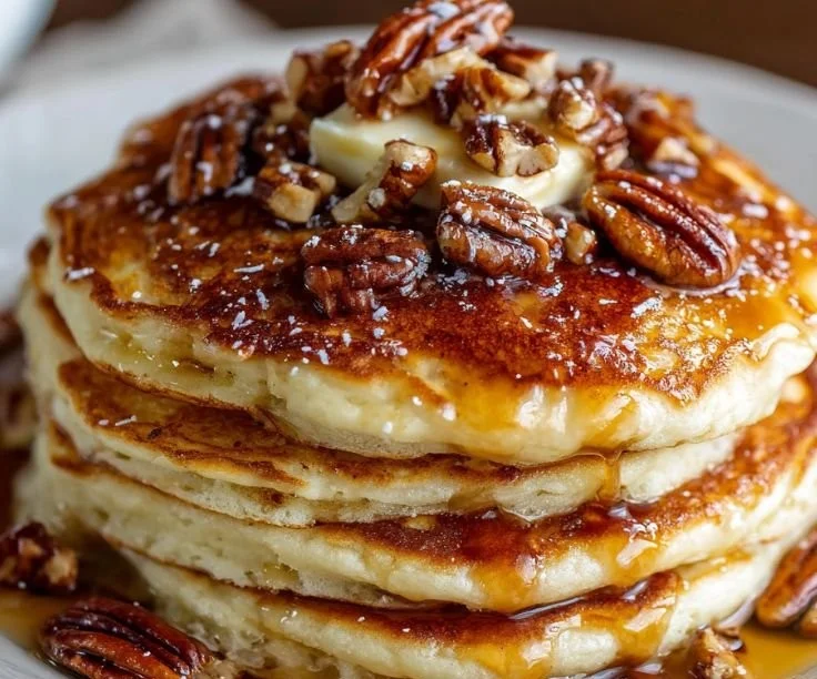 Fluffy butter pecan pancakes topped with pecans and syrup