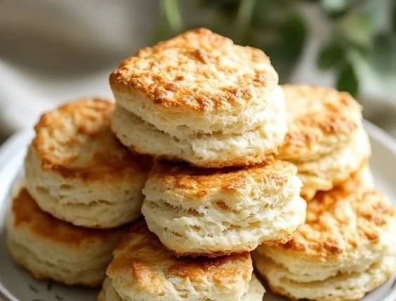Freshly baked buttermilk biscuits golden brown and flaky on a plate
