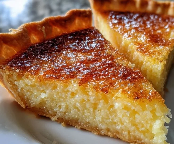 Creamy golden buttermilk pie topped with a sprinkle of cinnamon
