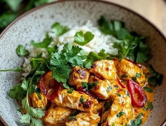 Delicious plate of butternut squash butter chicken served with rice and cilantro.
