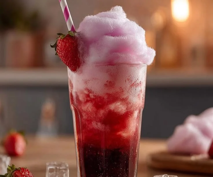 Candy Pink Float drink with creamy and fizzy texture in a vibrant pink color.