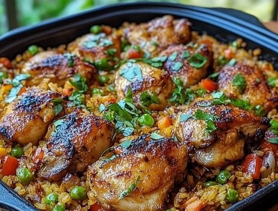 Caribbean-Style Chicken and Rice dish garnished with fresh herbs