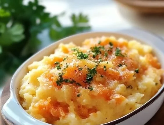 A bowl of creamy carrot and parsnip mash garnished with herbs, showcasing vibrant colors.