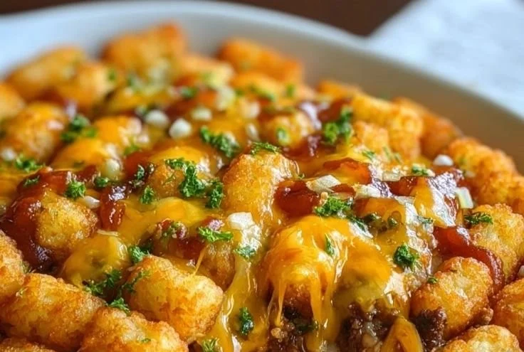 A delicious cheeseburger casserole topped with melted cheese and herbs.