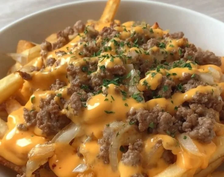 Cheeseburger French Fry Casserole with melted cheese and crispy fries