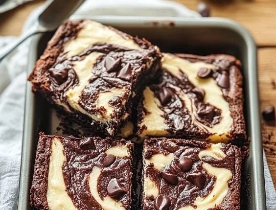 Delicious cheesecake brownies fresh out of the oven, topped with creamy cheesecake swirl.