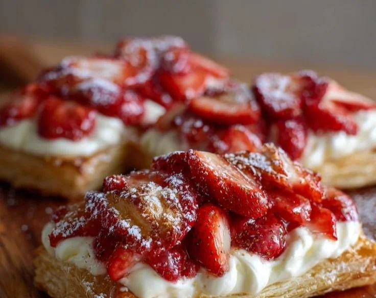 Cheesecake stuffed pastry with strawberry in a puff pastry shell