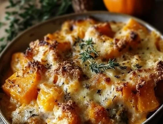 Cheesy butternut squash casserole baked to perfection with creamy cheese topping