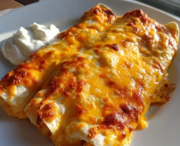 Cheesy chicken enchiladas served with toppings on a plate