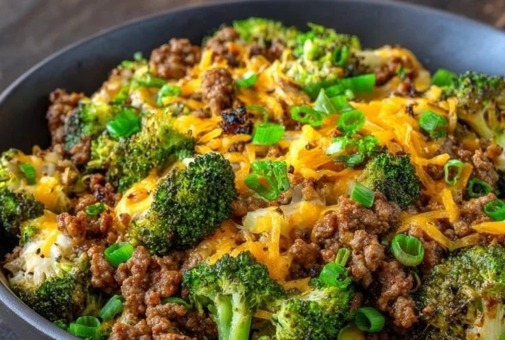 Delicious cheesy ground beef and broccoli casserole topped with melted cheese