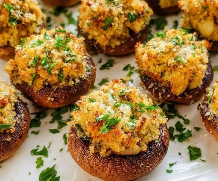 Cheesy stuffed mushrooms topped with herbs and melted cheese on a plate.