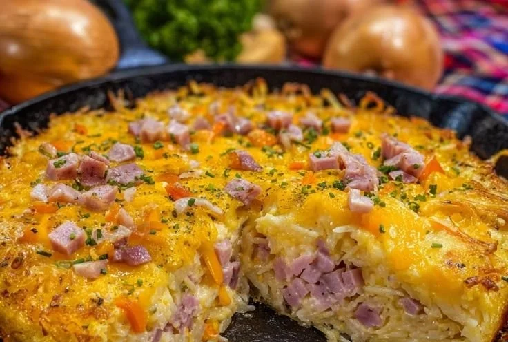 Cheesy Western Skillet Hash Browns served in a skillet