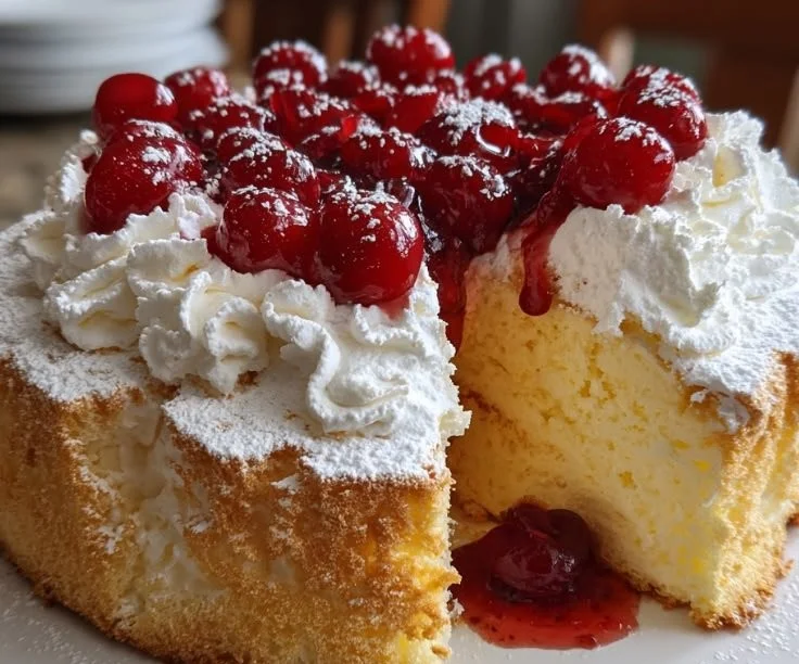Slice of Cherry Angel Cloud Cake topped with cherries and whipped cream