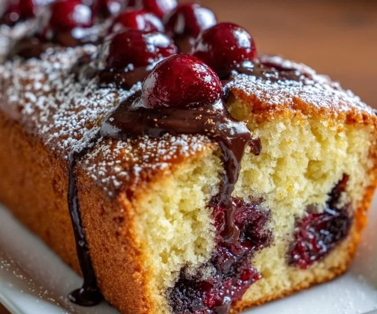 Delicious Cherry Garcia Cake topped with cherries and chocolate swirls