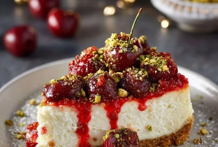 A slice of Cherry Pistachio Cheesecake garnished with cherries and pistachios