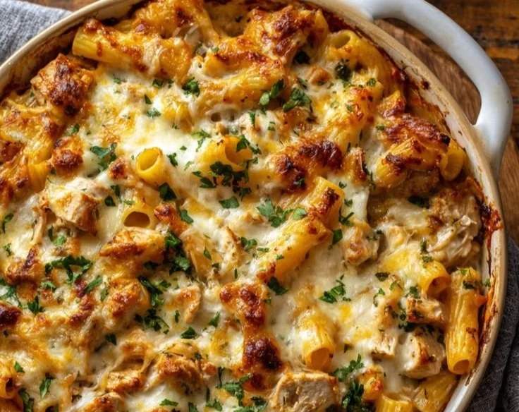Delicious chicken baked ziti topped with melted cheese and herbs