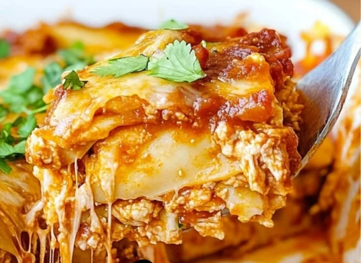 Delicious Chicken Enchilada Casserole topped with cheese and fresh ingredients
