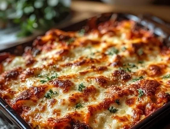 Delicious Chicken Parmesan Casserole served on a plate with marinara sauce and cheese