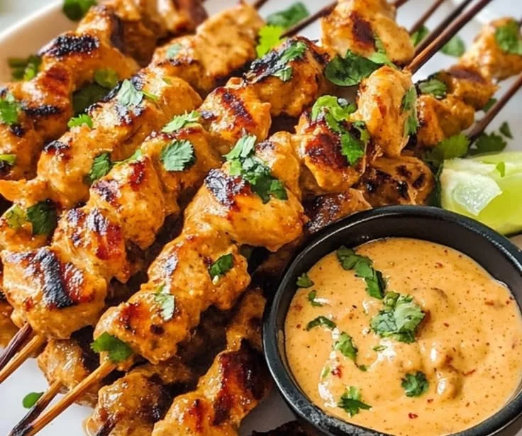 Plate of Chicken Satay skewers served with peanut sauce