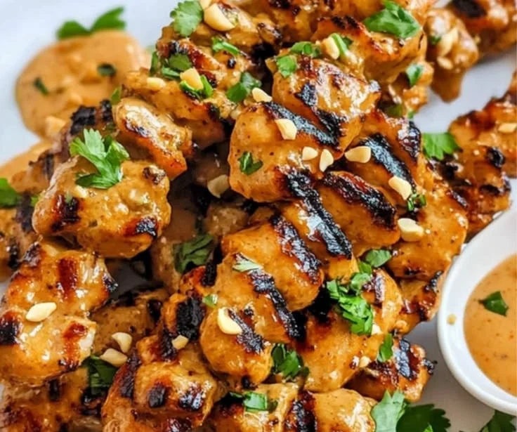 Plate of Chicken Satay with Peanut Sauce garnished with fresh herbs