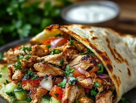 Delicious homemade Chicken Shawarma served with fresh vegetables and sauce