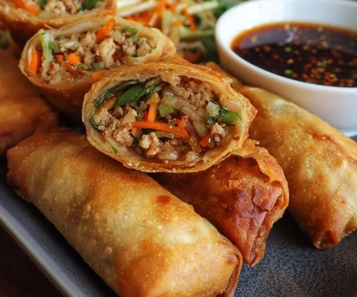 Delicious crispy Chicken Spring Rolls served with dipping sauce