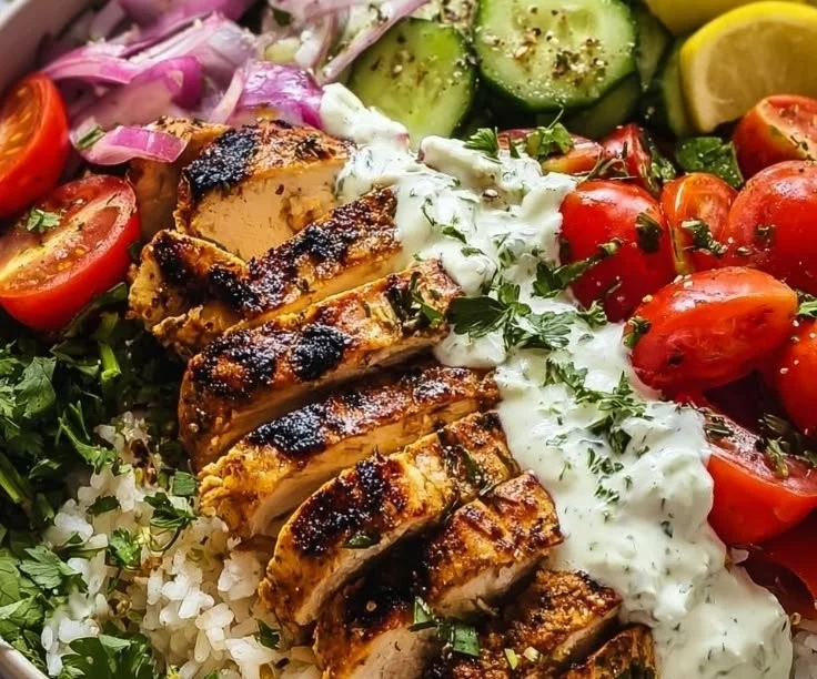Delicious Chicken Tzatziki Bowl garnished with fresh vegetables and tzatziki sauce