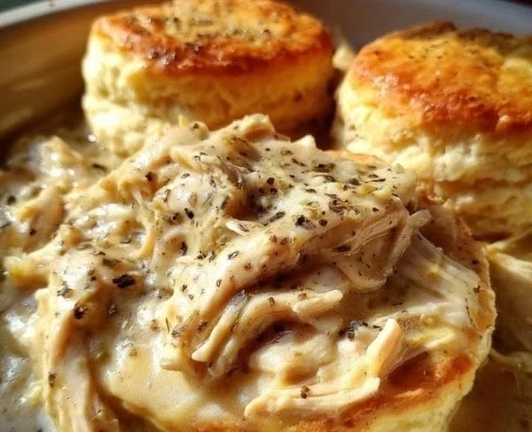 Hearty Chicken with Biscuits and Gravy served on a plate