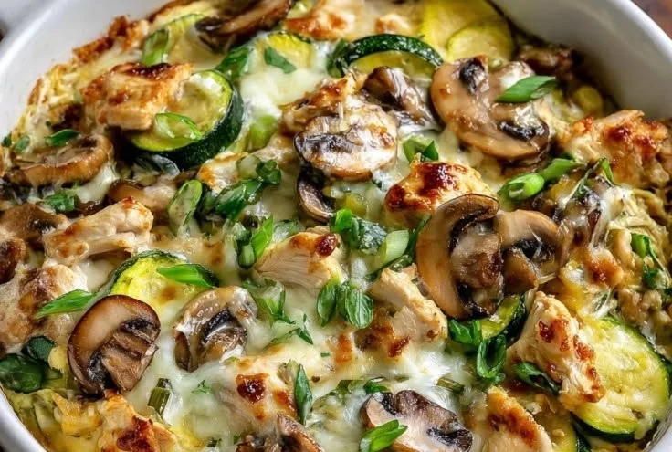 Chicken Zucchini Mushroom Bake dish with fresh ingredients