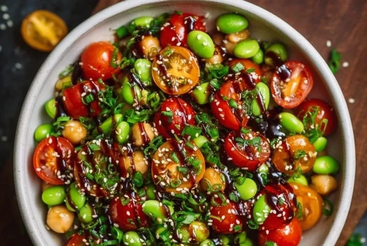 Chickpea and Edamame Salad with fresh vegetables