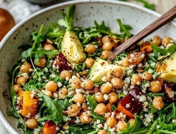Chickpea Quinoa Salad with Arugula in a vibrant bowl, garnished with fresh herbs