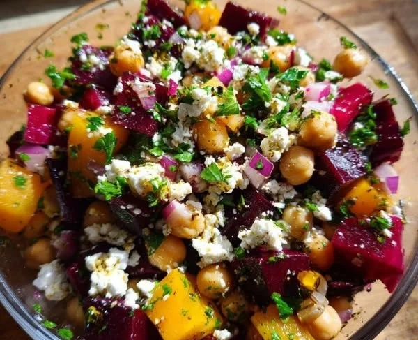 Chickpea Beet Feta Salad with vibrant vegetables and feta cheese