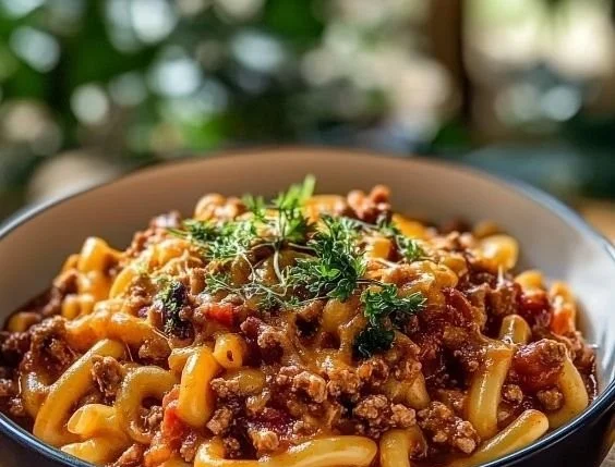 Delicious Chili Mac dish served with cheese and toppings