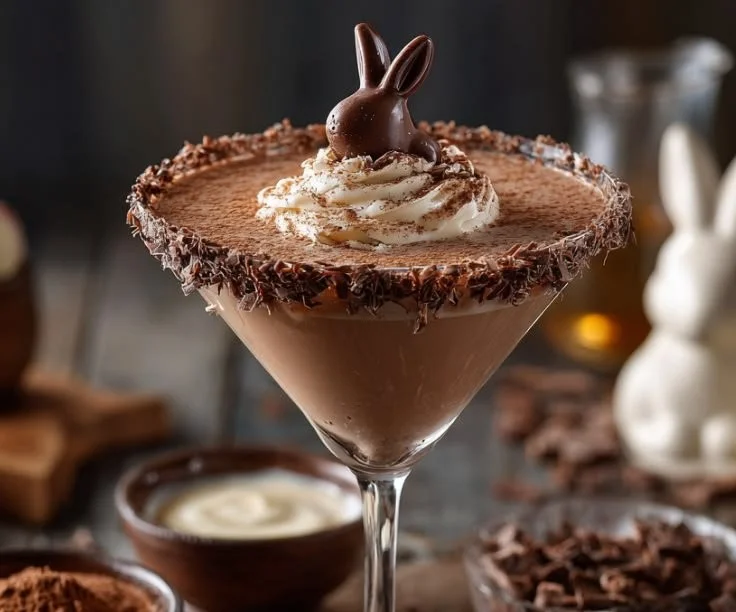 Chocolate Bunny Martini topped with chocolate shavings in a stylish glass